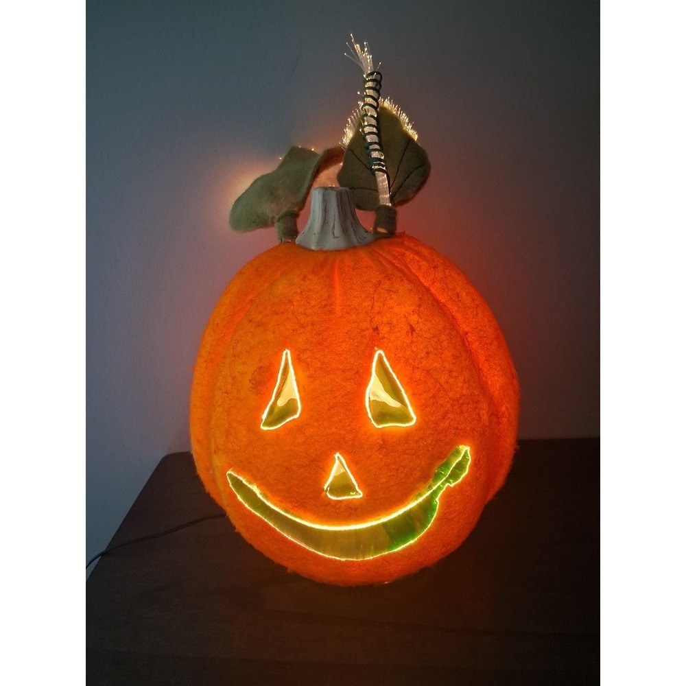 Vintage Lighted Jack O'Lantern Pumpkin Halloween Decoration Flocked Fuzzy 10"